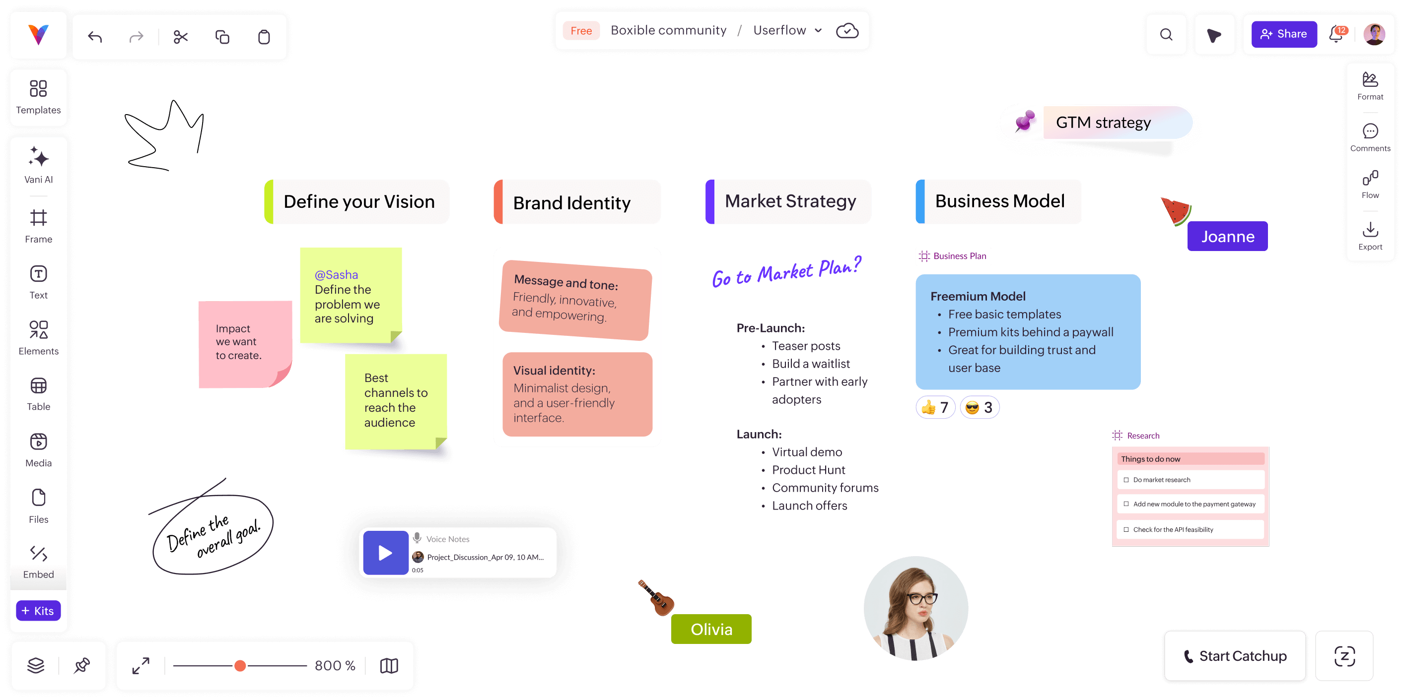 Marketing manager presenting strategy on infinite canvas during a team meeting using Catchup feature.