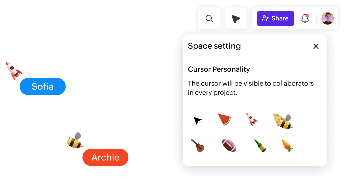 Teammates using rocket and bee personality cursors